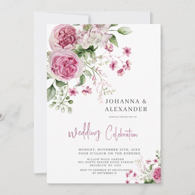 Rose Wasserfarbene Peony Elegance Hochzeit Einladu Einladung (Vorderseite)