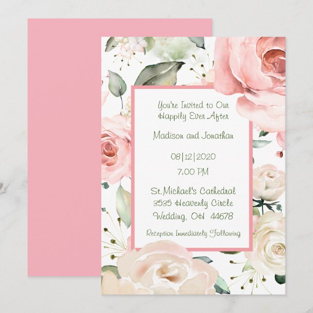 Rose Wasserfarbenfrohe Hochzeit Einladung (Vorne/Hinten)