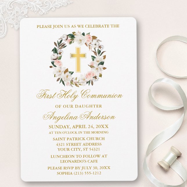 Rose Watercolor Magnolias Wreath Goldene Kommune Einladung (Customize to change text color, size, style or to add photos or more text to back of card.)
