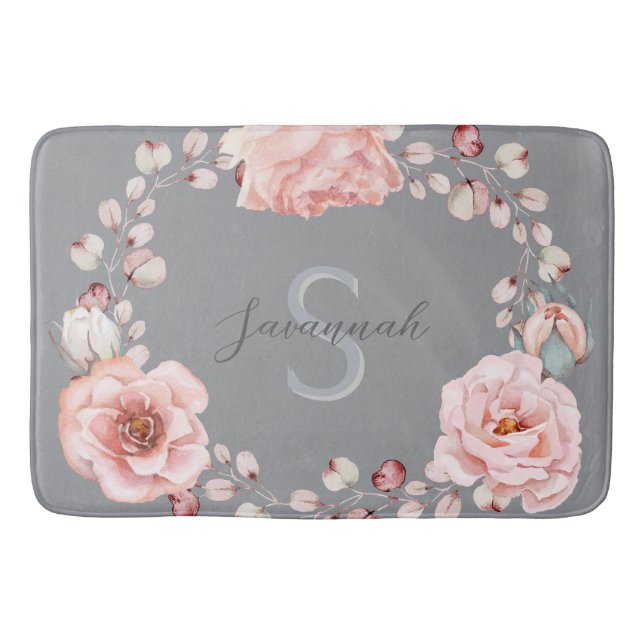 Rose Watercolor Personalisiert | Grau Badematte (Vorderseite)