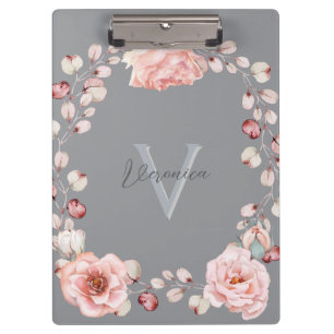 Rose Watercolor Personalisiert Grau Klemmbrett