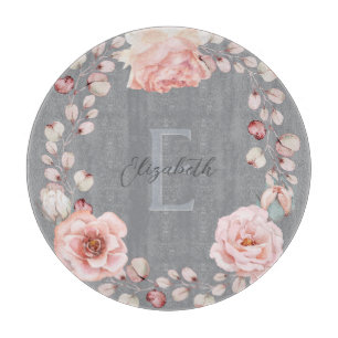 Rose Watercolor Personalisiert Grau Schneidebrett