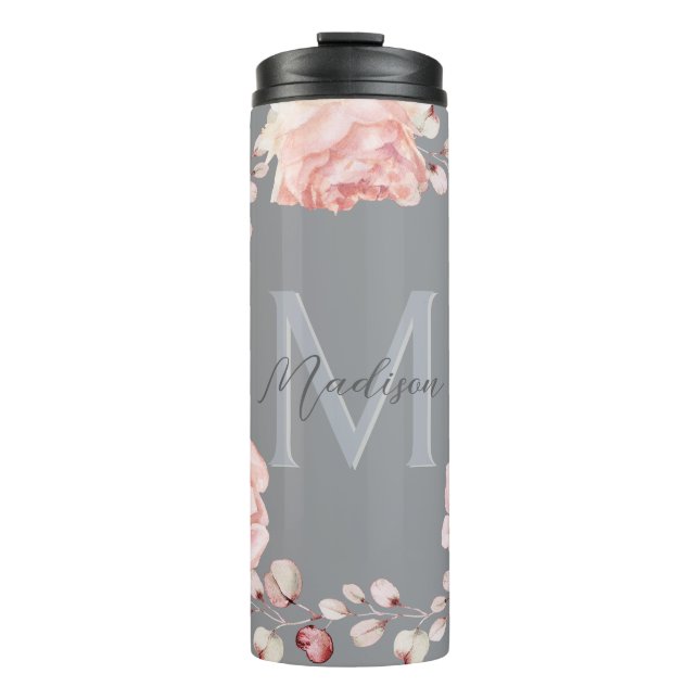 Rose Watercolor Personalisiert | Grau Thermosbecher (Vorderseite)