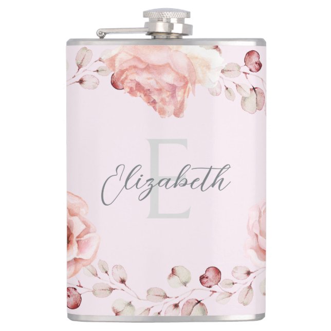 Rose Watercolor Personalisiert | Pink Flachmann (Vorderseite)