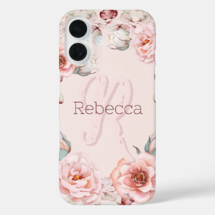 Rose Watercolor Personalisiert Pink iPhone 16 Hülle