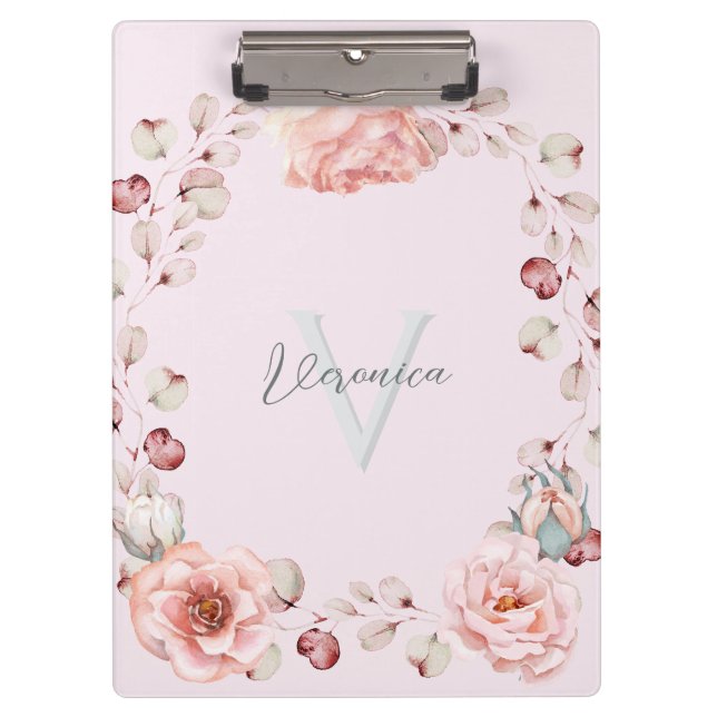 Rose Watercolor Personalisiert | Pink Klemmbrett (Vorderseite)
