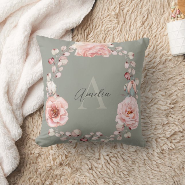Rose Watercolor Personalisiert | Sage Green Kissen (Decke)