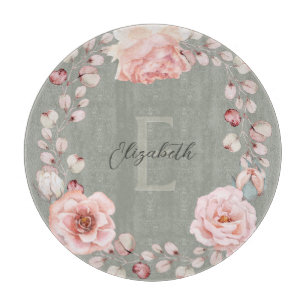 Rose Watercolor Personalisiert   Sage Green Schneidebrett