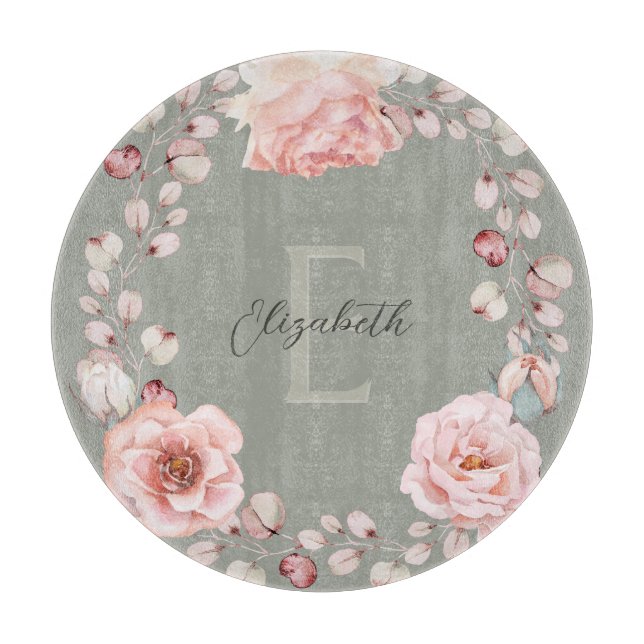 Rose Watercolor Personalisiert | Sage Green Schneidebrett (Vorderseite)