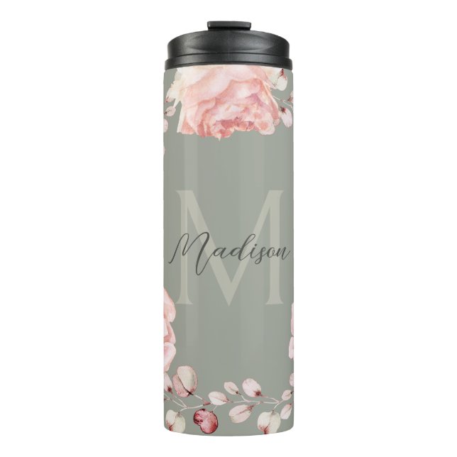 Rose Watercolor Personalisiert | Sage Green Thermosbecher (Vorderseite)