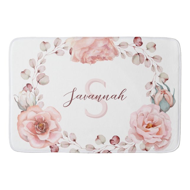 Rose Watercolor Personalisiert | Weiß Badematte (Vorderseite)