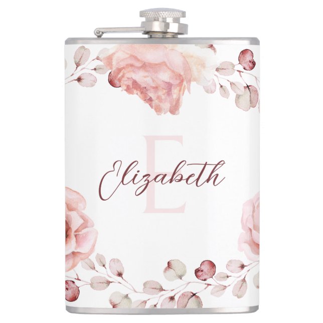Rose Watercolor Personalisiert | Weiß Flachmann (Vorderseite)