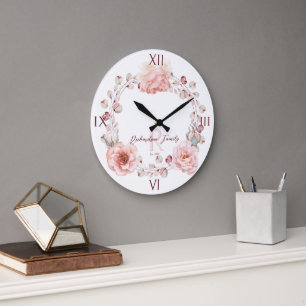 Rose Watercolor Personalisiert   Weiß Große Wanduhr