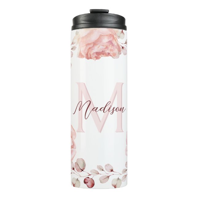 Rose Watercolor Personalisiert | Weiß Thermosbecher (Vorderseite)