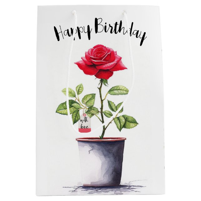 Rose Watercolor Rot Mittlere Geschenktüte (Vorderseite)