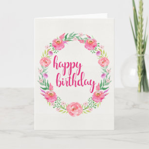 Rose Watercolor Wreath Happy Birthday Card Karte