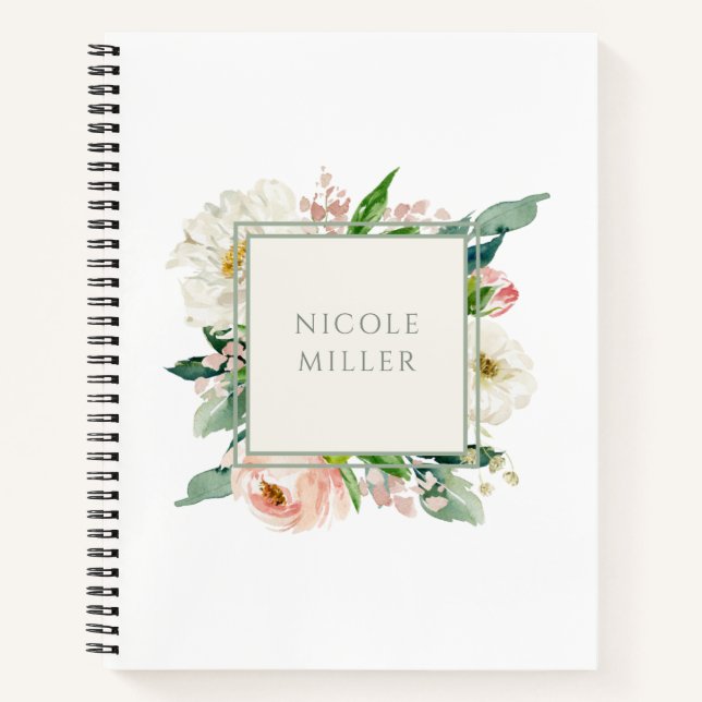 Rose Weibliche Wasserfarben Floral mit Name Notizbuch (Vorderseite)