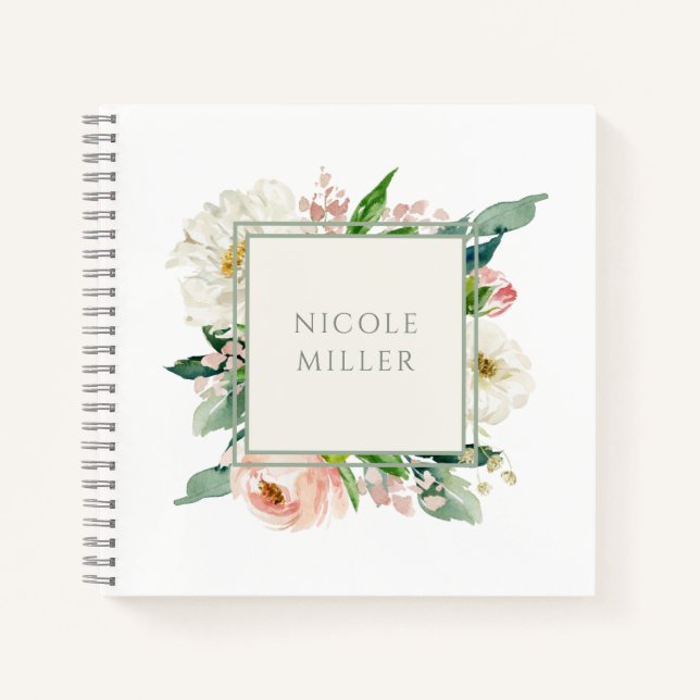 Rose Weibliche Wasserfarben Floral mit Name Notizbuch (Vorderseite)