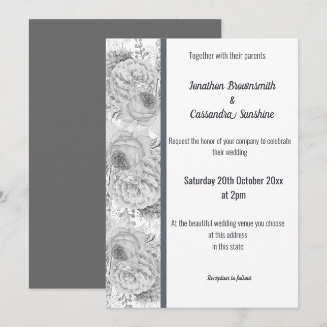 Rose, WEISS, SILBER TRIM, WEISS Einladung (Vorne/Hinten)