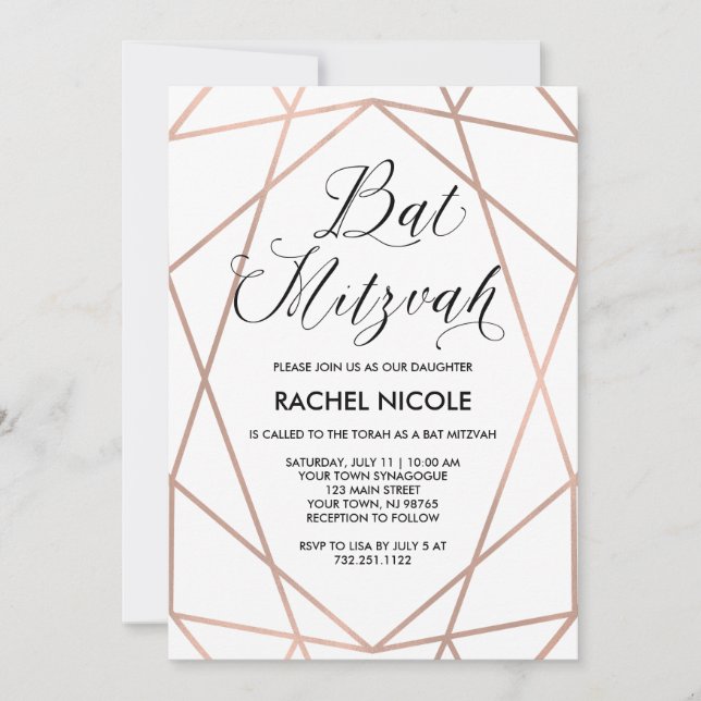 Rose Weiß und Imitate Geometrisch Gold | Bat Mitzv Einladung (Vorderseite)