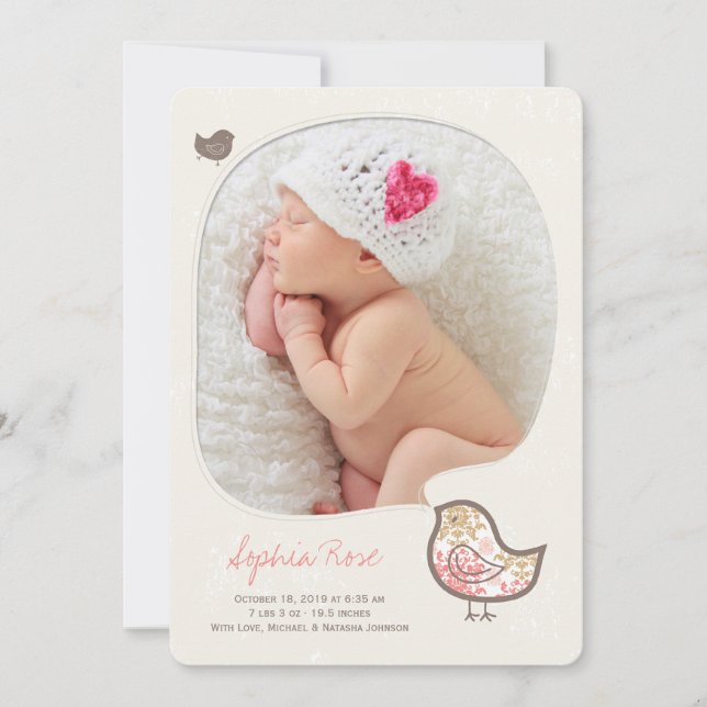 Rose Whimsical Chick Baby Girl Faire-part de naiss (Devant)