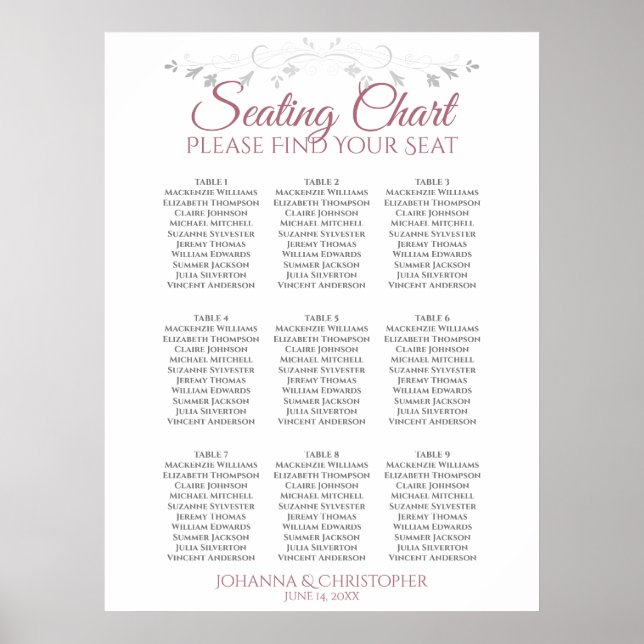 Rose & White Elegant 9 Table Wedding Seating Chart Poster (Vorne)