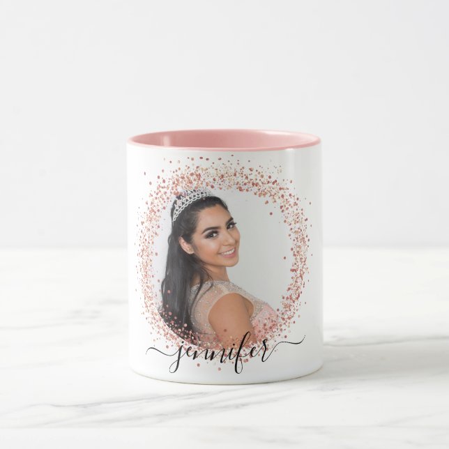 Rose White Foto Glitzer Namensskript Tasse (Zentrum)