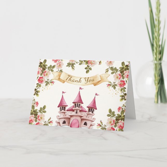 Rose Wildblume Märchenschloss Kinderdusche Dankeskarte (Vorderseite)