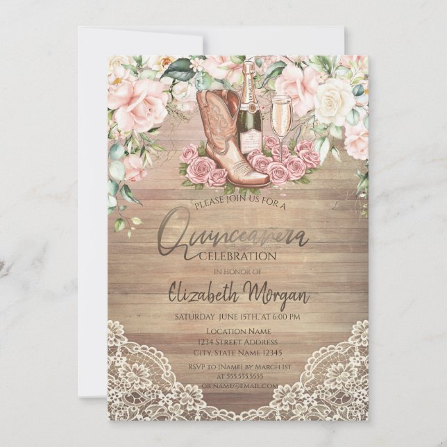 Rose Wine Boots Lace Quinceanera Einladung (Vorderseite)