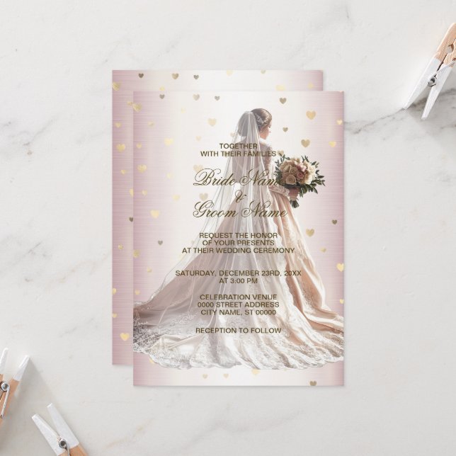 Rose Winter Hochzeitskleid Braut Golden Shiny Herz Einladung (Vorderseite/Rückseite Beispiel)