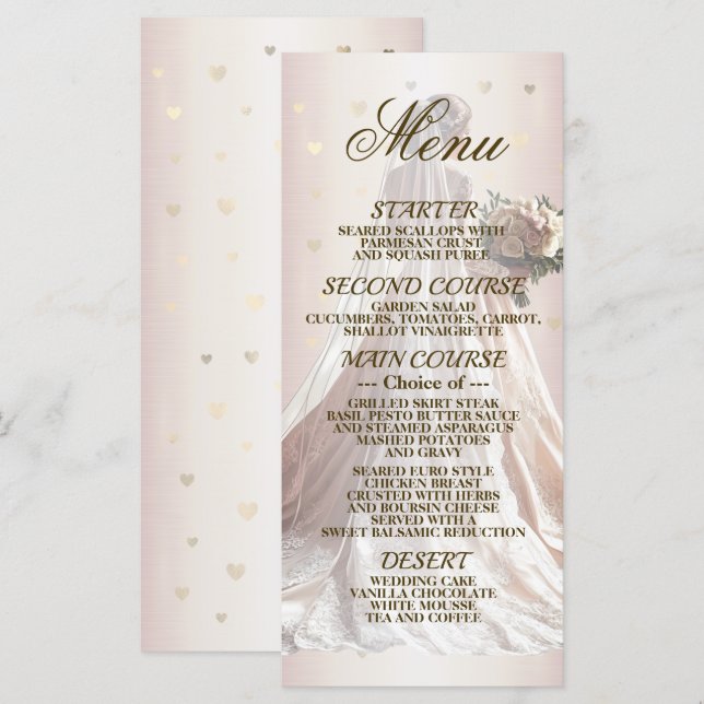 Rose Winter Wedding Bride Golden Shiny Hearts Menükarte (Vorne/Hinten)