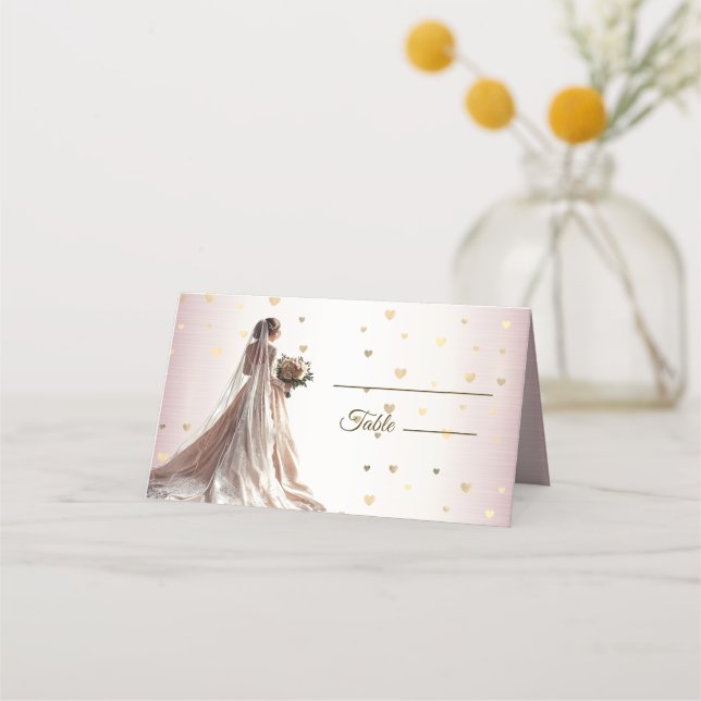 Rose Winter Wedding Bride Golden Shiny Hearts Platzkarte (Vorderseite)