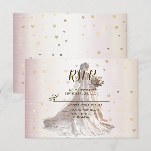 Rose Winter Wedding Bride Golden Shiny Hearts RSVP Karte (Vorne/Hinten)