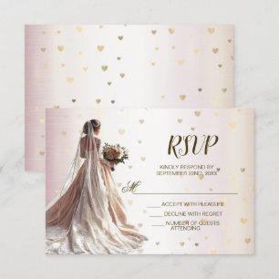 Rose Winter Wedding Bride Golden Shiny Hearts RSVP Karte