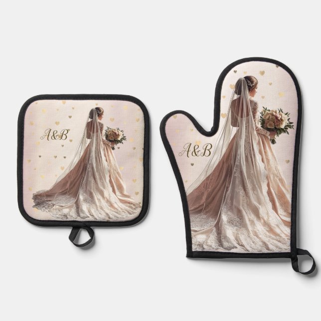 Rose Winter Wedding Bride Golden Shiny Party Ofenhandschuh & Topflappen-Set (Vorderseite)