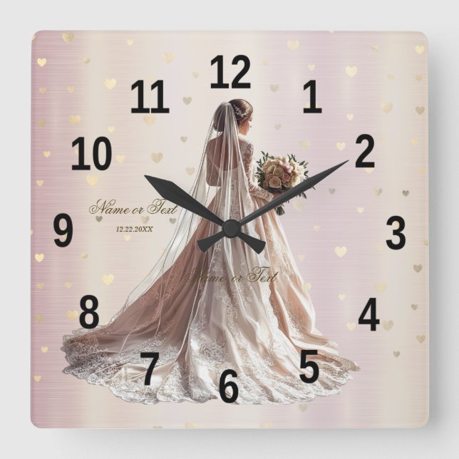 Rose Winter Wedding Bride Golden Shiny Party Quadratische Wanduhr (Vorderseite)