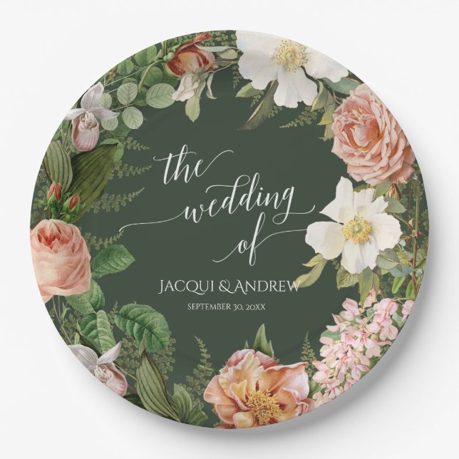 Rose Wreath Vintages Blumengrün Brautparty Pappteller (Vorderseite)