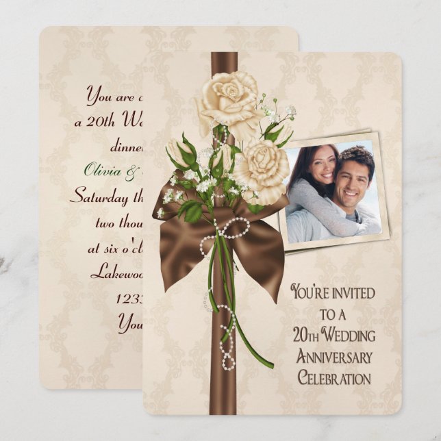 Rose zum 20. Hochzeitstag Einladung (Vorne/Hinten)