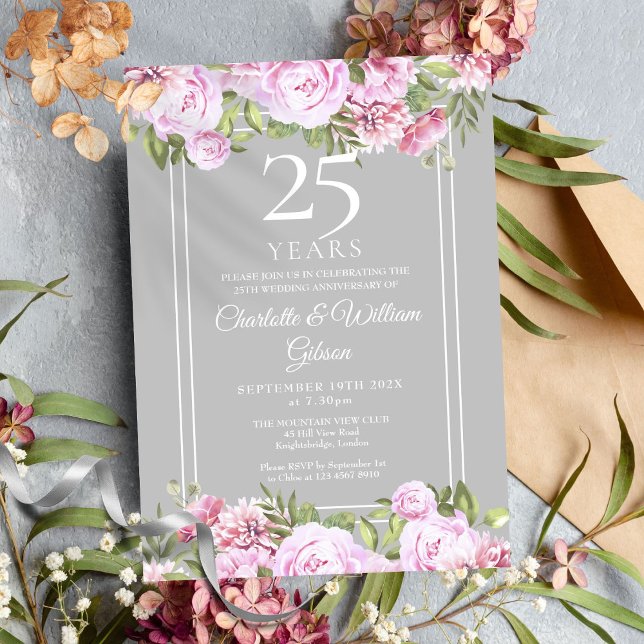 Rose zum 25. Geburtstag der Silbermedaille Einladung (25th Silver Wedding Anniversary Roses Floral Invitation)