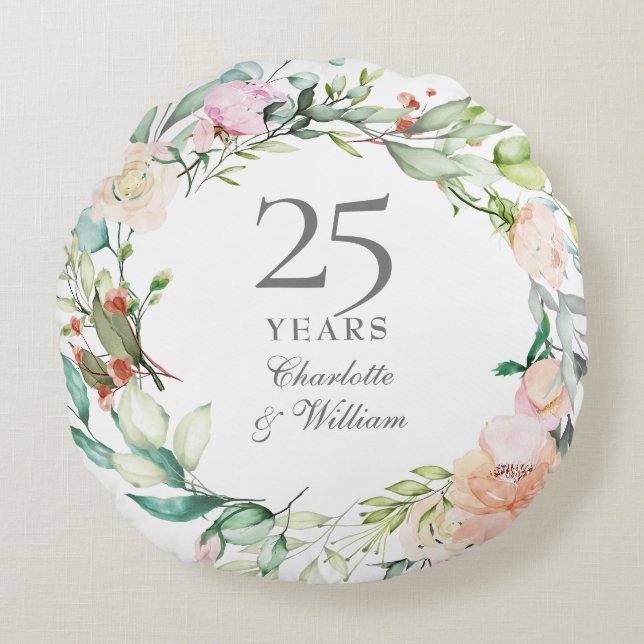 Rose zum 25. Silver Jubiläum Aquarellblume Rundes Kissen (Vorderseite)