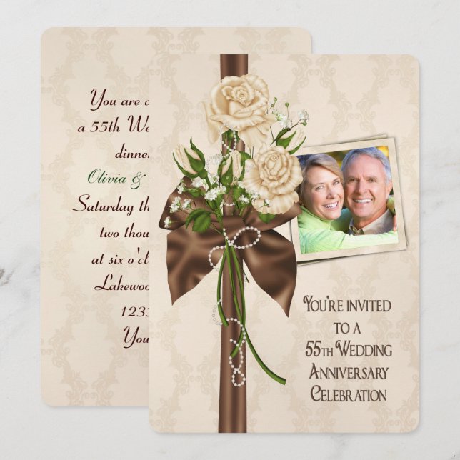 Rose zum 55. Hochzeitstag Einladung (Vorne/Hinten)