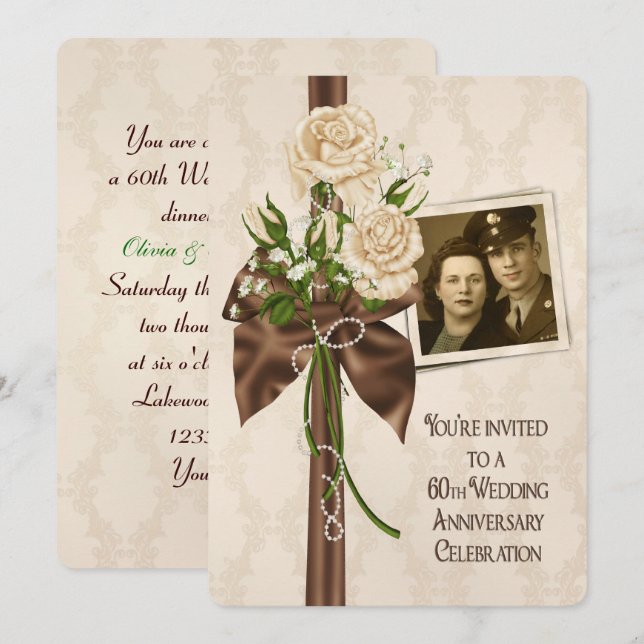 Rose zum 60. Hochzeitstag Einladung (Vorne/Hinten)