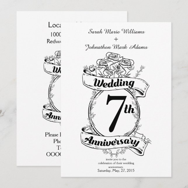 Rose zum 7. Hochzeitstag Einladung (Vorne/Hinten)
