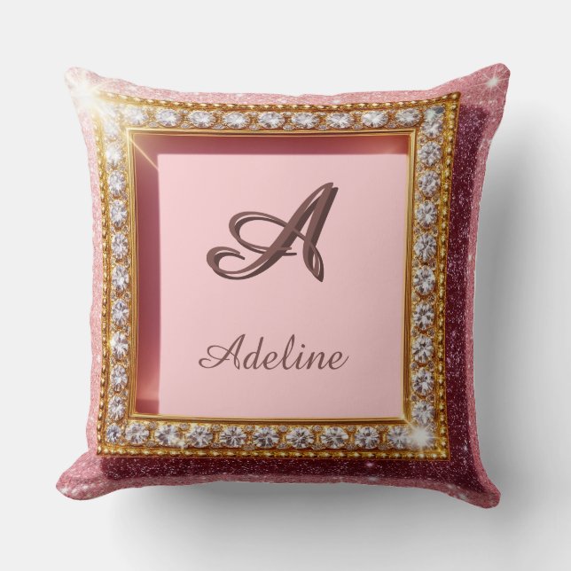 Roséglitter Custom-Name-Monogramm Kissen (Vorderseite)