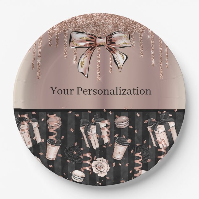 Rosegold & Black mit Glitzer, Bows & Ribbon Pappteller (Vorderseite)