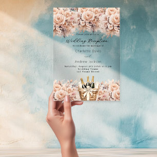Roségold-Blumen funkelnder Wein Hochzeitsempfang Acryleinladungen