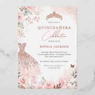 Roségold-Blush-Kleid Floral Quinceanera Folieneinladung
