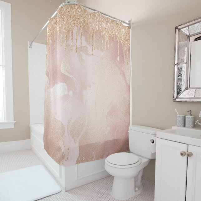 Rosegold Blush Marmor mit Gold Glitzer Droplets Duschvorhang (Beispiel)