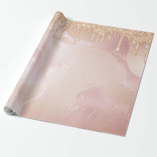 Rosegold Blush Marmor mit Gold Glitzer Droplets Geschenkpapier (Ungerollt)