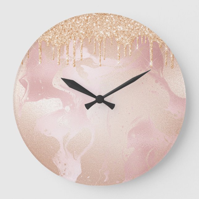 Rosegold Blush Marmor mit Gold Glitzer Droplets Große Wanduhr (Vorderseite)